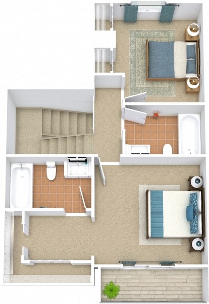 Floor plan for 2 beds, 2.5 baths, 1326 sqft